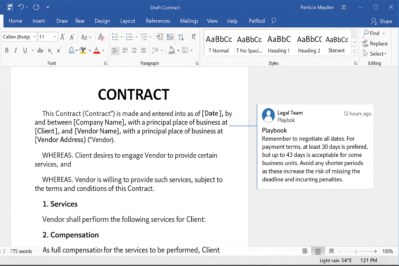 Legal playbook example showing contract review with annotations