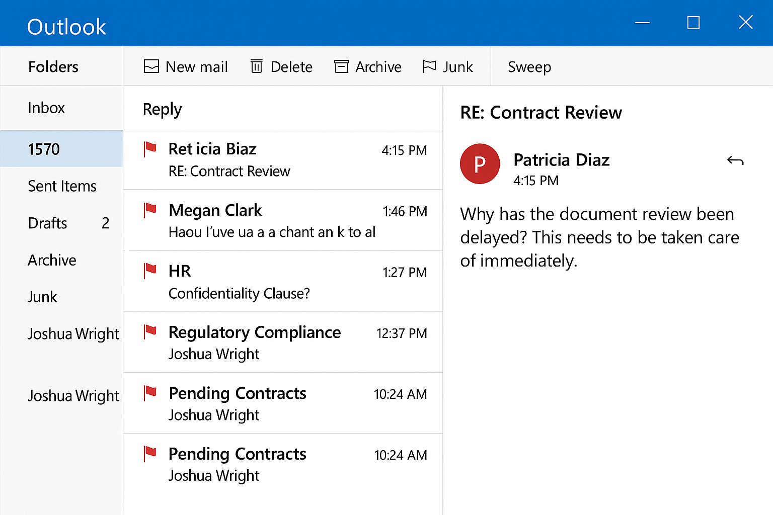 Overwhelmed legal inbox with 1570 emails